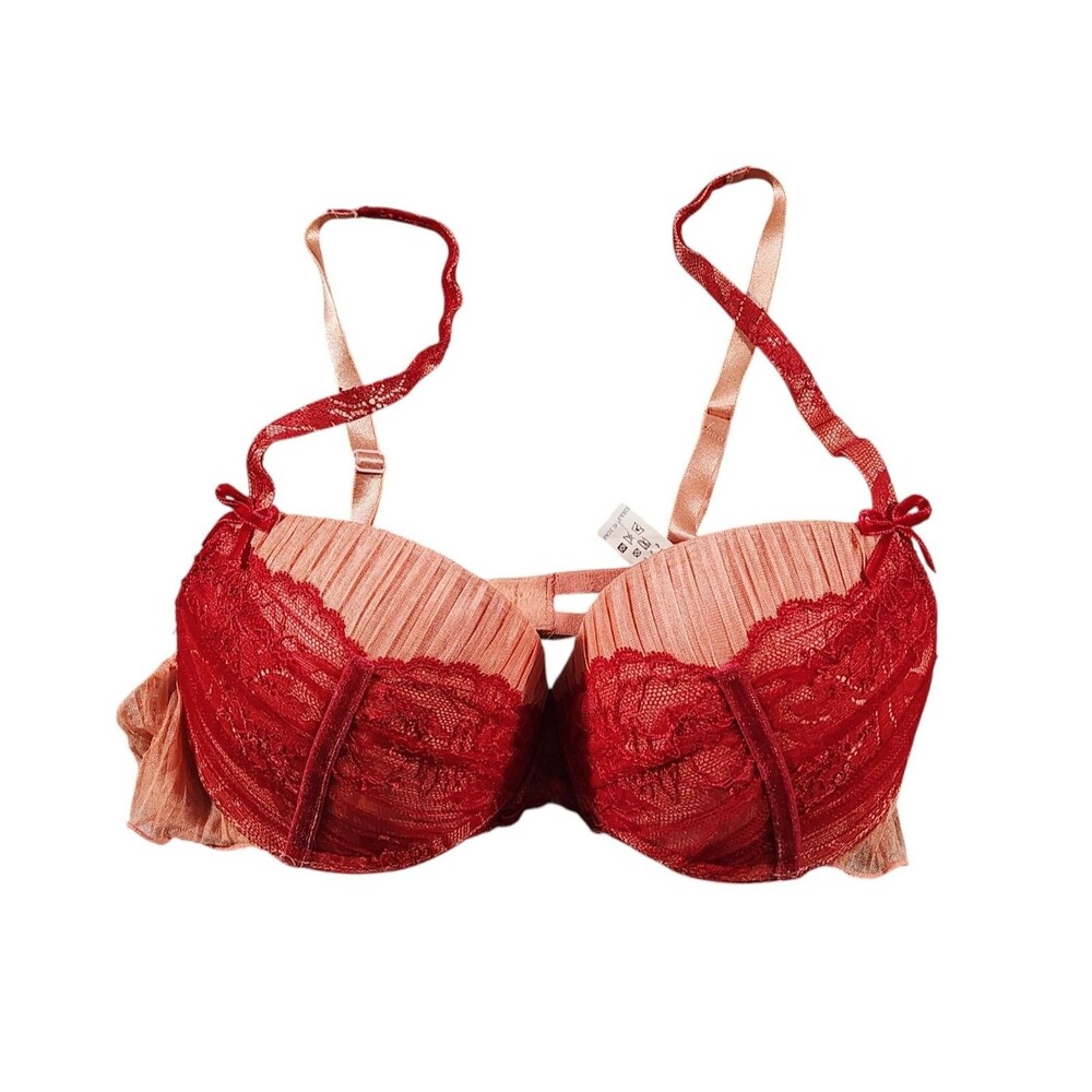 Chantelle Coquette Padded Underwire Bra Size 32C Peach Red Romantic Ruffle Fairy